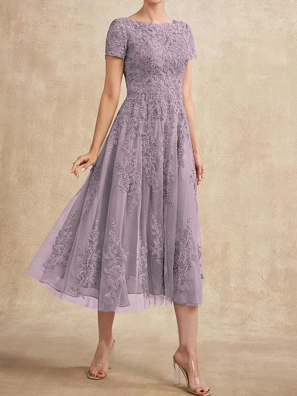 Vestido de madre de la novia de tul con encaje y corte en A, largo hasta la rodilla