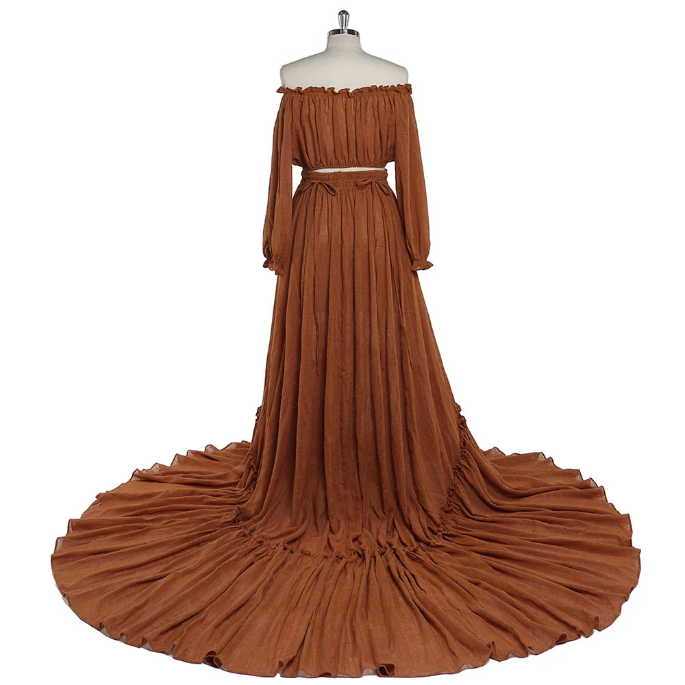 Two Pieces Gown Maternity Dresses Long Sleeves Side Slit Photography Dress Cotton Maxi Dress YEWEN SY211229