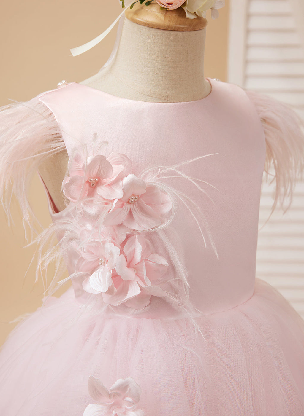 Prinzessin Ärmelloses Tüll Blumenmädchenkleid mit Perlen und Federschleife (010224704) 
