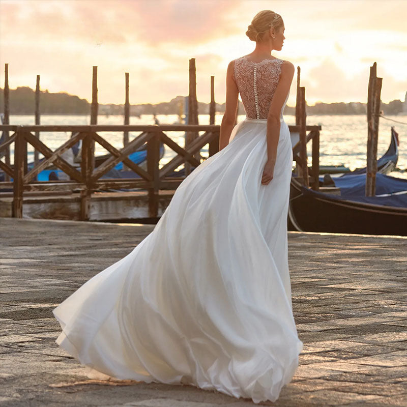 Chiffon V-Neck Wedding Dresses Sleeveless Elegant Lace Applqiues Boho A-Line Bride Gowns For Women Vestidos De Novia-payinti