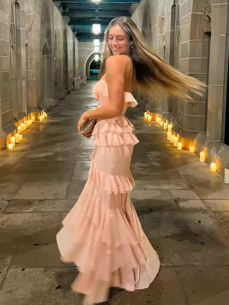 Vestido de noche con volantes de gasa rosa, encantador, con capas y corte sirena, para fiesta de graduación Y8006
