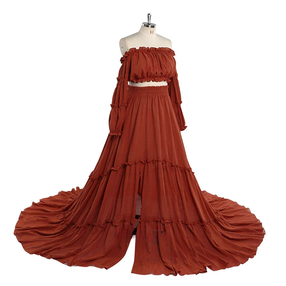 Elegantes schulterfreies Umstandskleid für Fotoshootings, langes Boho-Maxikleid mit elastischer Taille, Fotografiekleid SY220912 