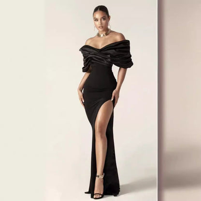Off-Shoulder Ruched Slit Prom Dress