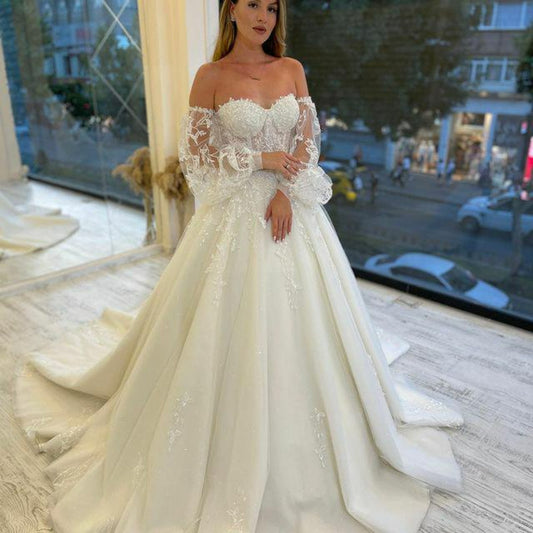 Sweetheart Tulle Wedding Dresses Off Shoulder Lace Up Appliqued Beaded Vestido De Noiva 2022 Puffed sleeves Lace Bridal Dress-payinti