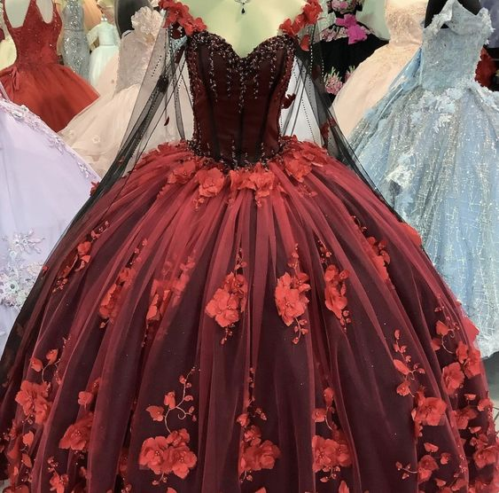 Luxuriöses Quinceanera-Kleid mit 3D-Blumen, Tüll-Ballkleid, süßes 16-Kleid, Y1215