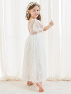 A-Linien-Spitze Knöchellanges Elfenbein Boho Blumenmädchenkleid 