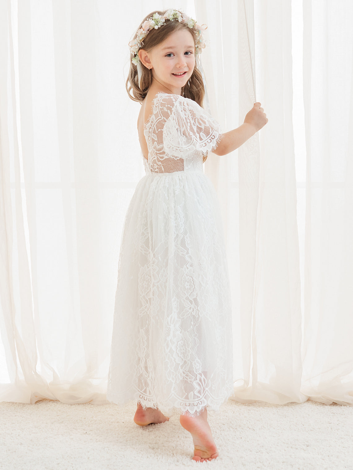 A-Linien-Spitze Knöchellanges Elfenbein Boho Blumenmädchenkleid 