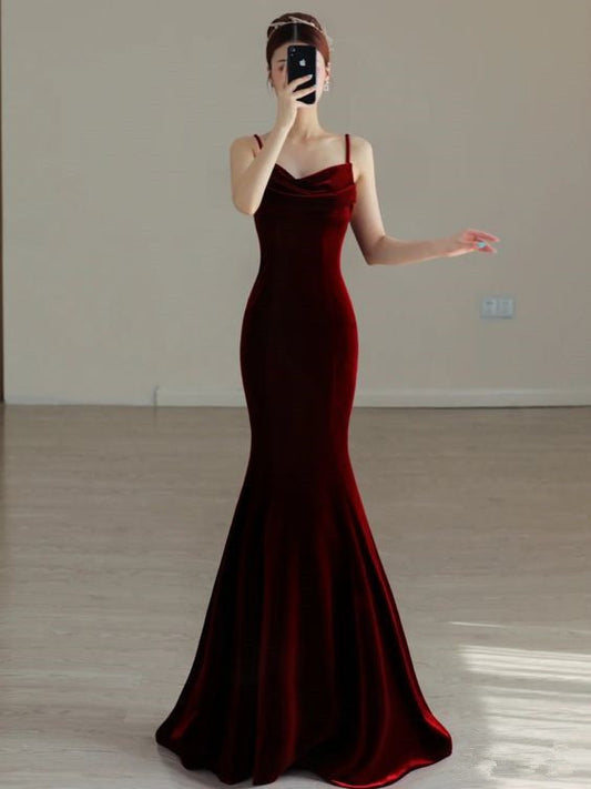 Vestido de fiesta largo con tirantes finos y corte sirena color burdeos, encantador vestido de noche color burdeos Y384
