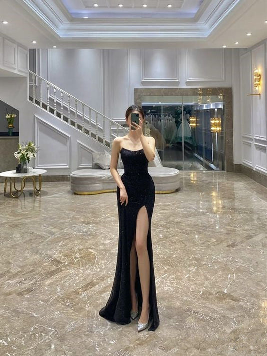 Vestido de fiesta negro encantador sin tirantes, con abertura lateral alta, corte tubo/columna, vestido de noche negro Y386