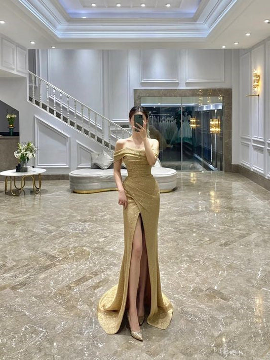 Elegante vestido de noche largo con hombros descubiertos y encantador vestido formal Y387