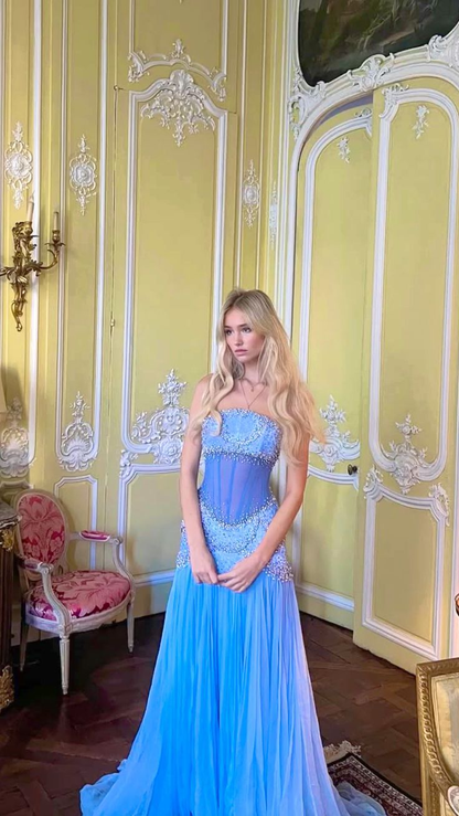 Wunderschönes A-Linien-Abendkleid aus Chiffon in Hellblau mit schulterfreiem Abschlussballkleid Y8045