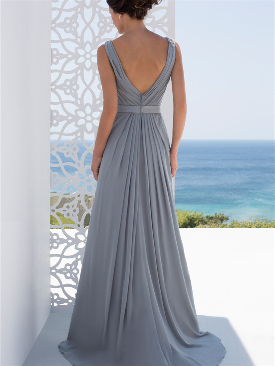 Vestidos de madre de la novia de corte A/princesa, escote en V y largo hasta el suelo