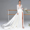 Luxury Long Sleeve Satin Wedding Dress Deep V-Neck Side Split Bridal Party Gown vestido de novia Sweep Train 2023-payinti