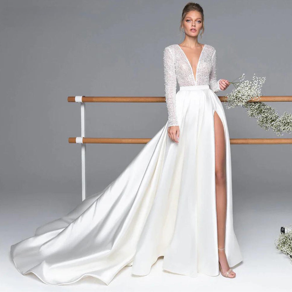 Luxury Long Sleeve Satin Wedding Dress Deep V-Neck Side Split Bridal Party Gown vestido de novia Sweep Train 2023-payinti
