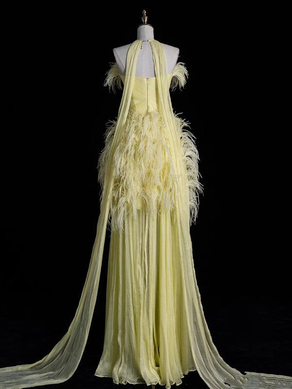 Wunderschönes trägerloses Abendkleid mit Tüllfedern, Gelb, formelles Abendkleid Y8007
