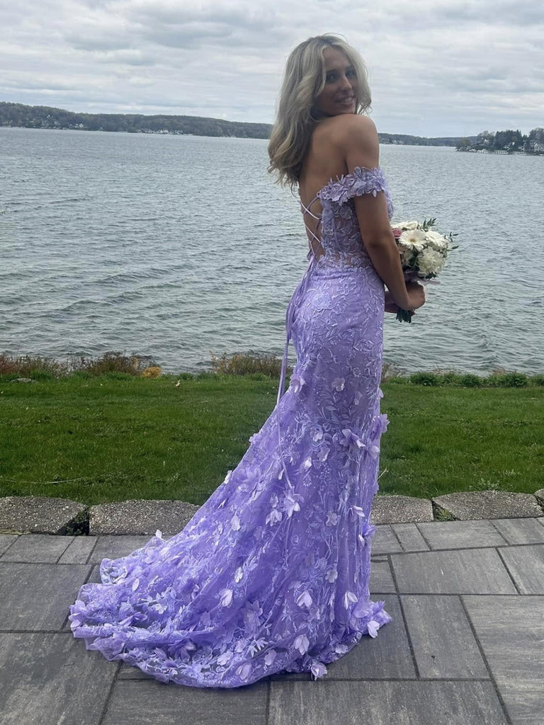 Hermosos vestidos de fiesta largos con hombros descubiertos, corte sirena, encaje lila, floral, vestidos de noche de graduación con abertura alta Y7848