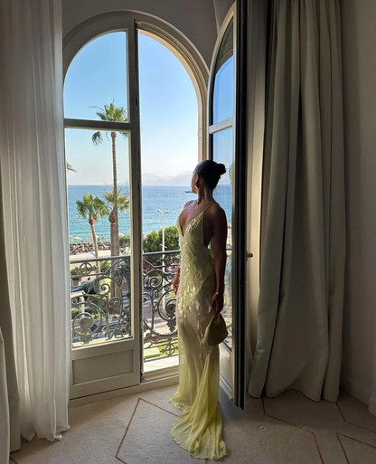 Mode V-Ausschnitt Meerjungfrau Abendkleid Gelb Chiffon Pailletten Ballkleid Y7892