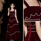 Elegante vestido de noche de terciopelo rojo con corte en A Y4511