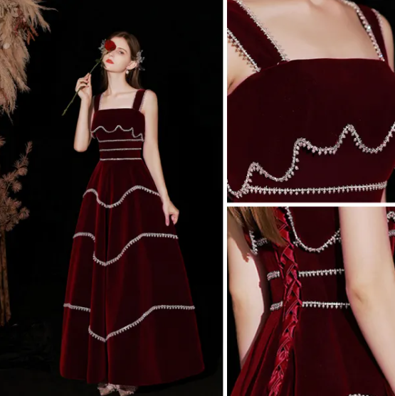 Elegante vestido de noche de terciopelo rojo con corte en A Y4511