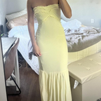Vestido de noche amarillo de gasa con volantes, corte sirena, sin tirantes, Y7896