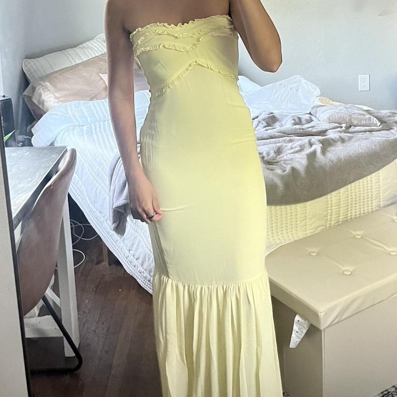 Vestido de noche amarillo de gasa con volantes, corte sirena, sin tirantes, Y7896