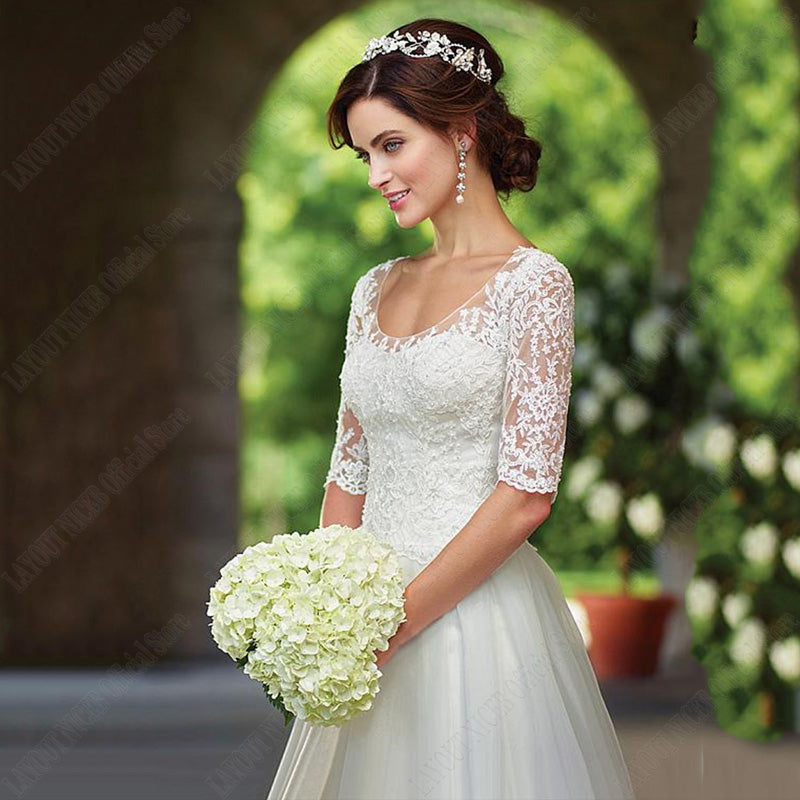Lace Half Sleeves Wedding Dress For Bridal Illusion Appliques Buttons Back robe de mariée grande taille Custom Made-payinti