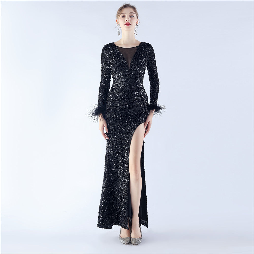 Handmade Sequin Craft Order Ostrich Feather Long Sleeve Evening Dress