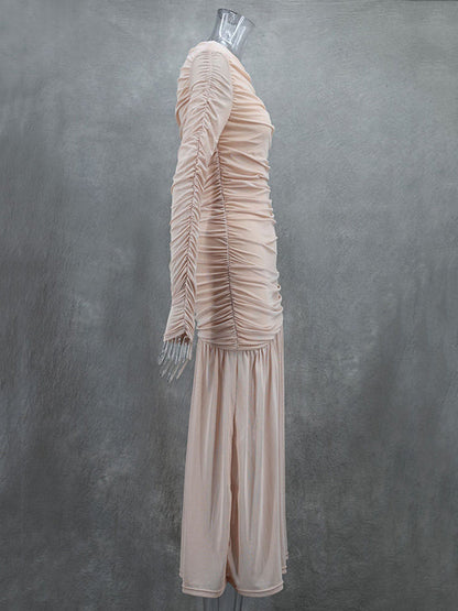 Long Sleeves Skinny Pleated See-Through Solid Color Split-Joint Round-Neck Evening Dresses Maxi Dresses