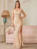 Sparkly Champagne Sequin Mermaid Evening Dresses For Women 2022 Sexy Spaghetti Backless Long Split Evening Prom Party Gowns-payinti