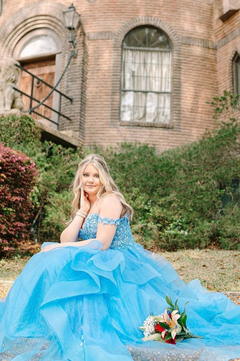 Off the Shoulder Ruffle Tiered Tulle Long Prom Dresses with Appliques