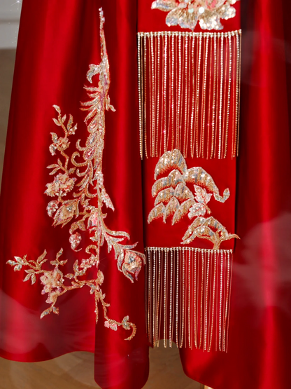 Wunderschönes rotes Satin-Pailletten-Stickerei-A-Linien-Ballkleid, trägerloses Abendkleid Y8631