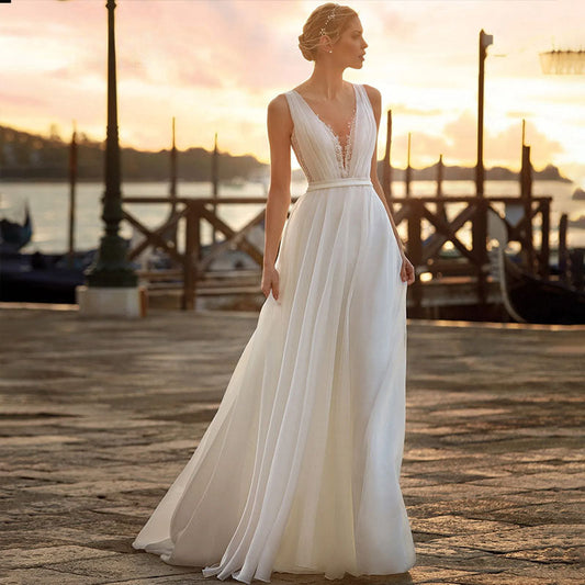 Chiffon V-Neck Wedding Dresses Sleeveless Elegant Lace Applqiues Boho A-Line Bride Gowns For Women Vestidos De Novia-payinti