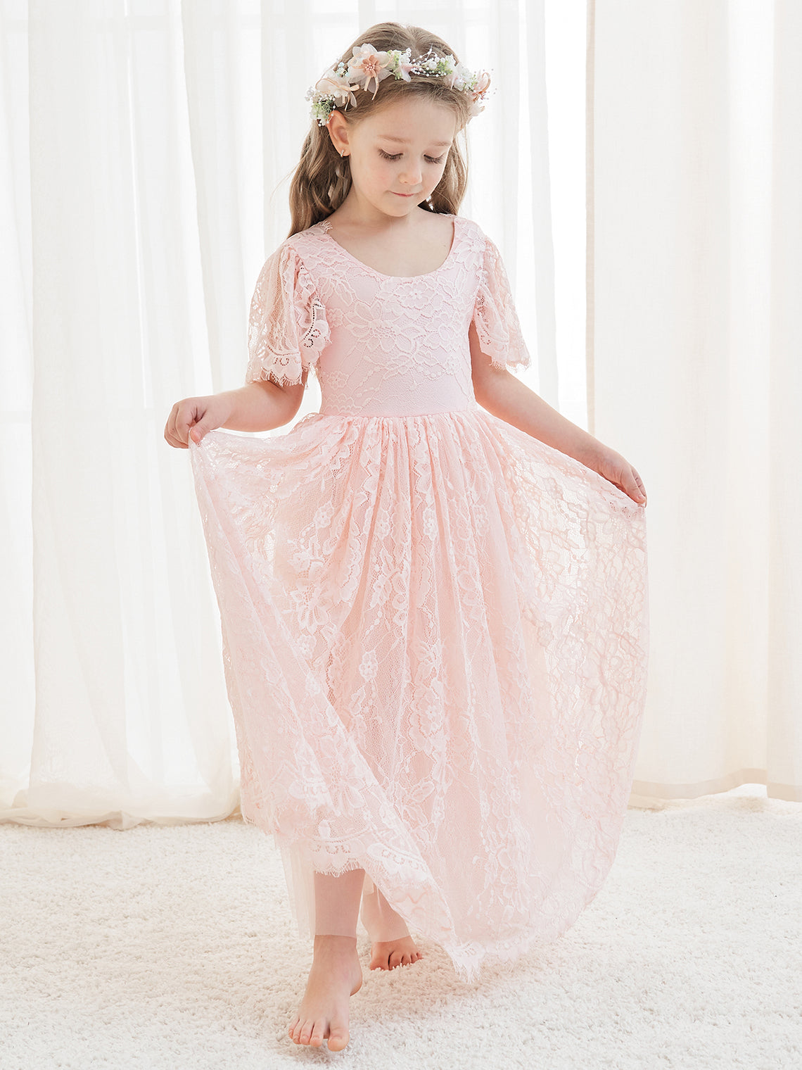 A-Linien-Spitze Knöchellanges Elfenbein Boho Blumenmädchenkleid 