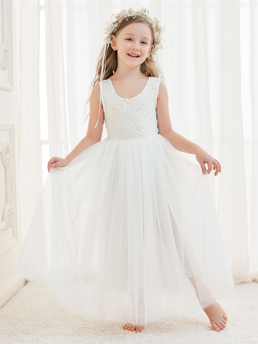Vestido blanco de tul con encaje y corte en A hasta los tobillos (2003227597)