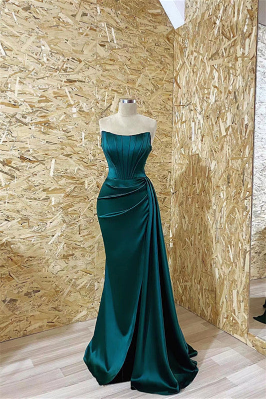 Stunning Long Strapless Mermaid  Ruffles Satin Prom Dresses