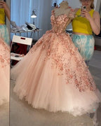 Vestido de fiesta con apliques de flores rosa ruborizado, vestidos de fiesta de tul de corte A, vestidos de quinceañera Y388