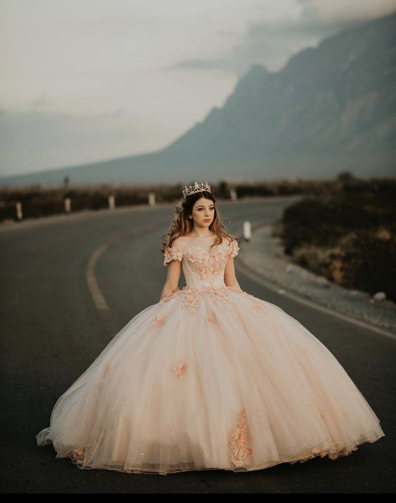 Vestido de princesa elegante con apliques de tul y hombros descubiertos para fiesta de dulces 16 Y399
