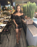 Off Shoulder Short Sleeve Frill Mini Bodycon Dress Hot Sale Black Homecoming Dress Y400
