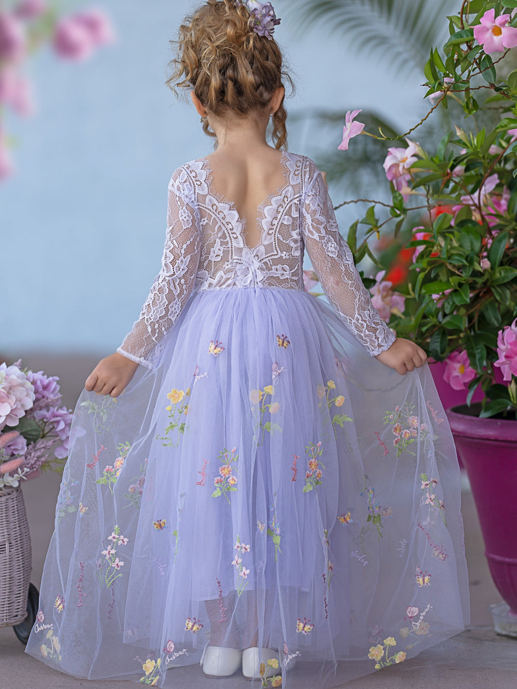 Floral Lace Embroidered Tulle A-Line Floor Length Garden Flower Girl Dress
