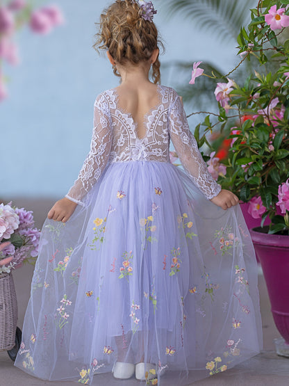 Floral Lace Embroidered Tulle A-Line Floor Length Garden Flower Girl Dress