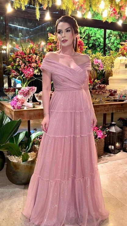 Vestido de noche brillante de corte A con hombros descubiertos, vestido glamuroso Y6232