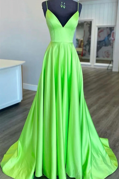 Schlichtes A-Linie V-Ausschnitt Grünes Satin Langes Ballkleid, V-Ausschnitt Grünes Abendkleid für Abschlussfeier Y215