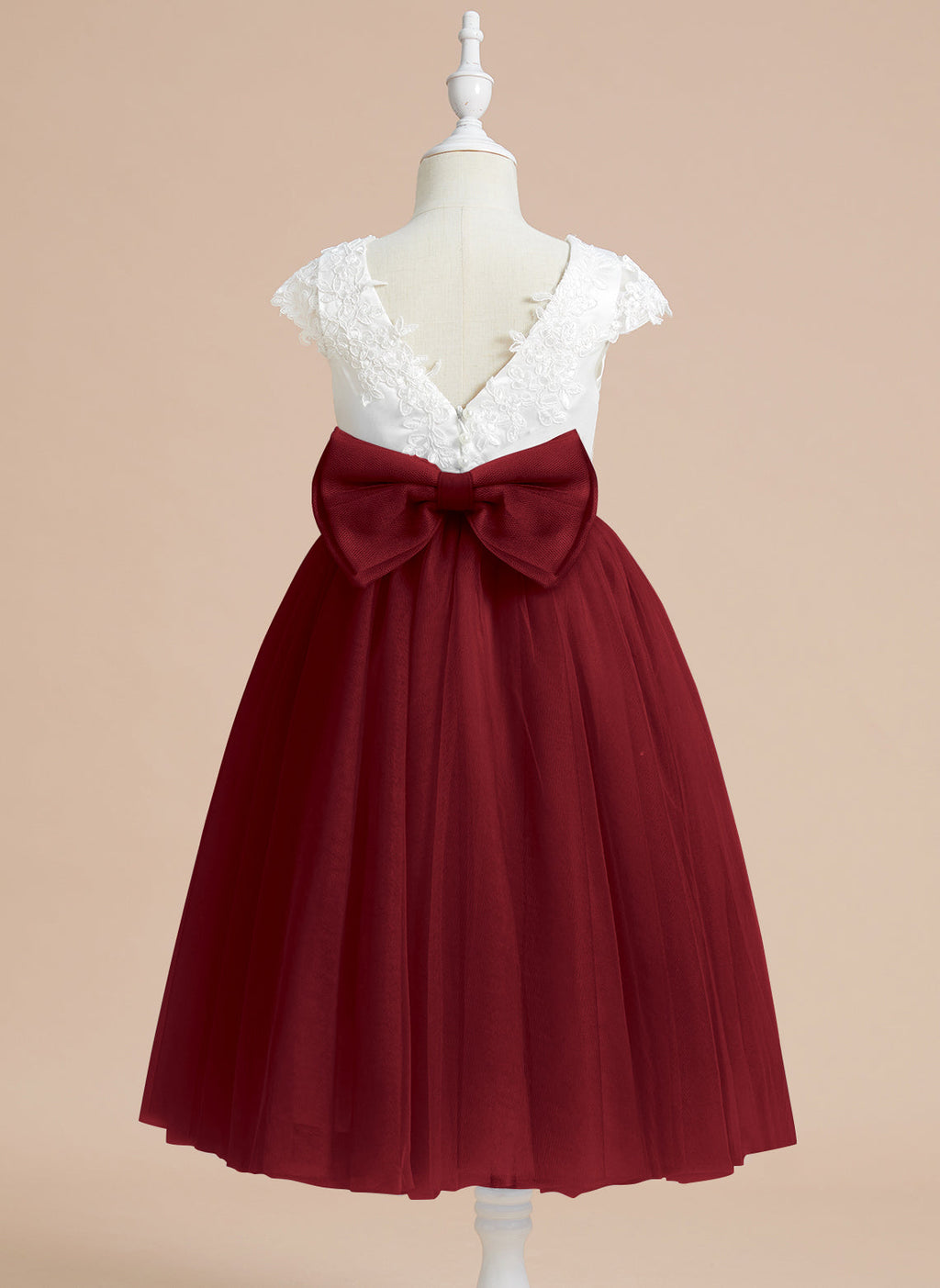 Vestido de niña de las flores de primera comunión de tul satinado con corte en A y largo hasta la rodilla