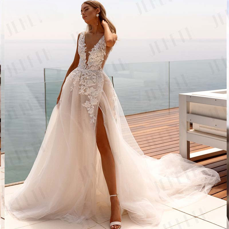 Popular V-neck Lace Applique A Line Wedding Dresses Backless Side Slit Custom Made Formal Bridal Grown 2024-payinti
