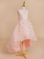 Duchesse-Linie/Princess-Linie Tüll Asymmetrisch Rosa Blumenmädchenkleid 