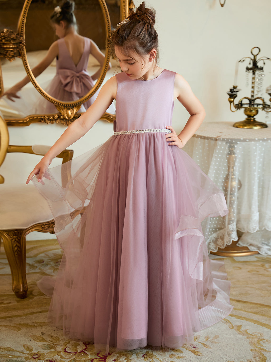 Duchesse-Linie/Princess-Linie Satin Tüll Bodenlang Blumenmädchenkleid 