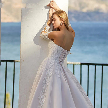 Word Wedding Dresses Women's Elegant Bohemian Beaded Sweetheart Princess Off Shoulder Long Sleeve Lace Applique Bride Gowns-payinti