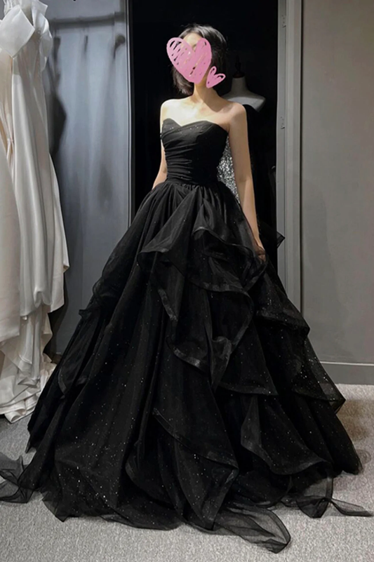 Schwarzes langes Ballkleid aus Tüll in A-Linie, Abendkleid Y74