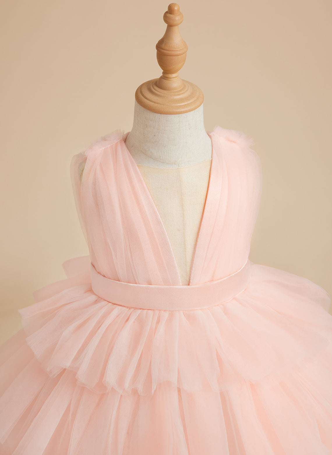 Duchesse-Linie/Princess-Linie Perlenrosa Ärmelloses Tüll-Blumenmädchenkleid mit Schleife (010220814) 