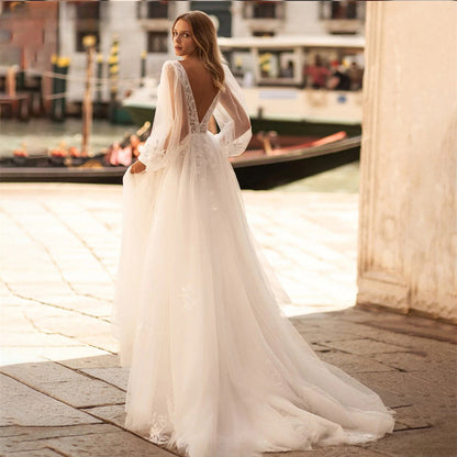 Sexy V Neck Lace Wedding Dresses 2024 Simple Long Puff Sleeves Bride Gowns Appliques Backless Robe De Marié Custom Made-payinti